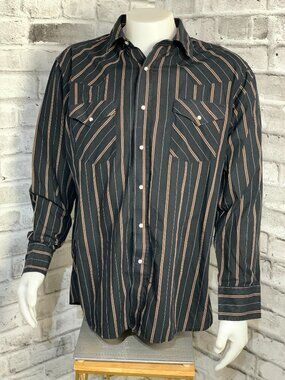 Vintage Pearl Snap Western Shirt Men XL Black Brown Striped Country Rodeo Cowboy